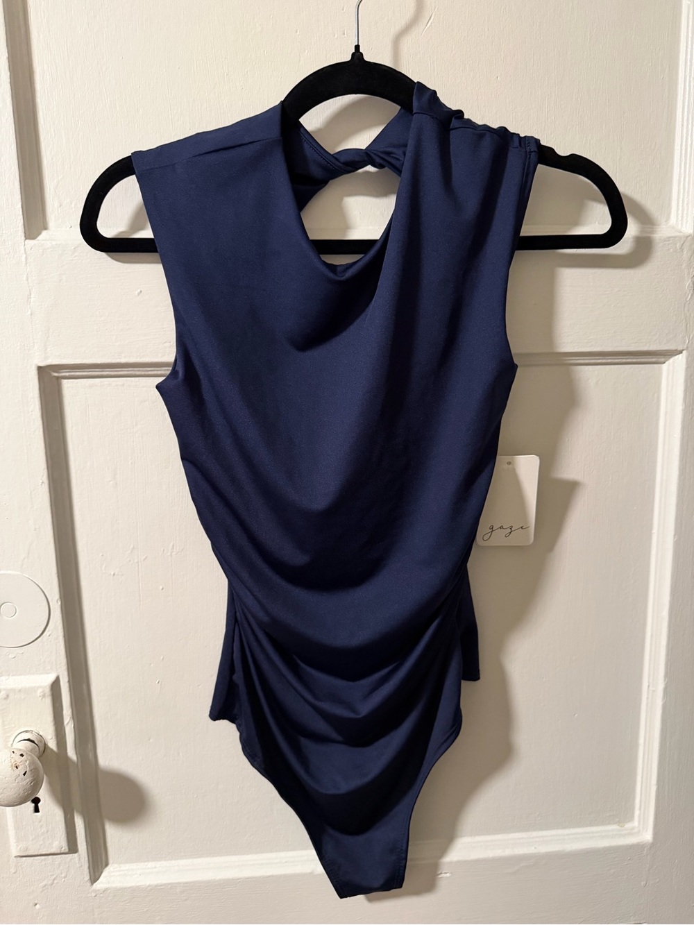 NWT Gaze Navy Sleeveless Twist-Back Ruched Bodysuit Size Small